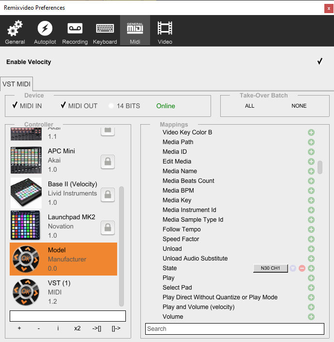 A new custom MIDI mapping in the VideoRemix Midi Preferences