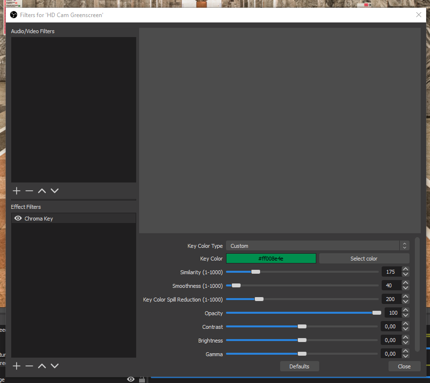 OPBS Chroma Key Filter settings