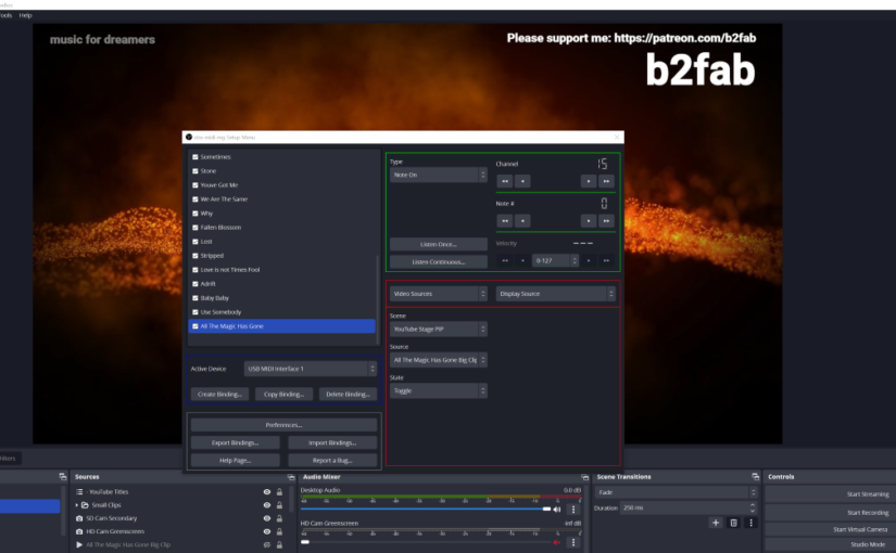 OBS and obs-midi-mg. Binding a MIDI note event to a scene change